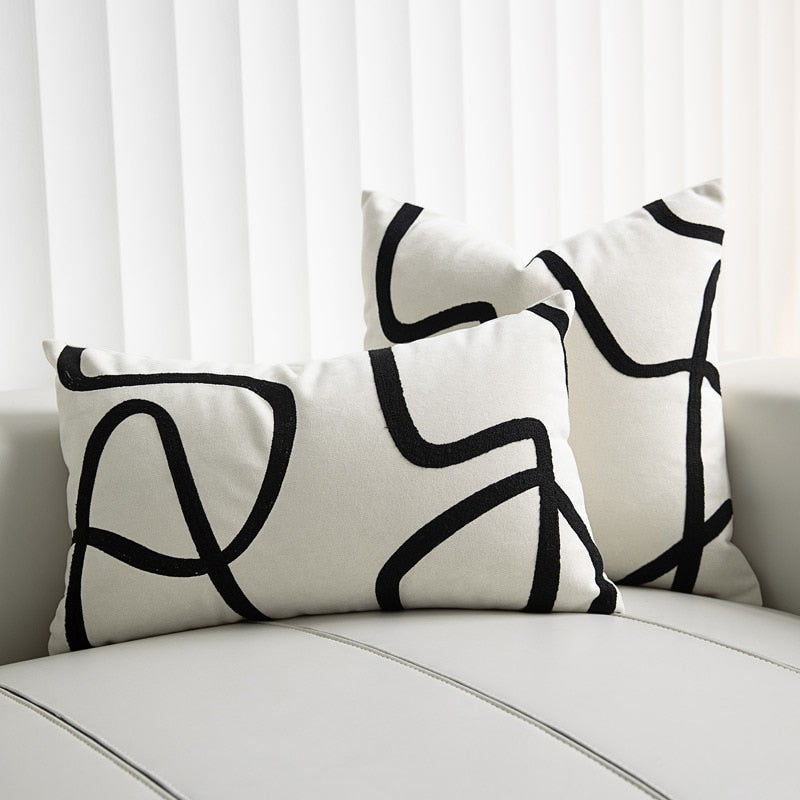 Geometric Abstraction Line Embroidered Pillowcase Black and White Cotton Canvas Cushion Cover Sofa Bedside Throw Pillowcover