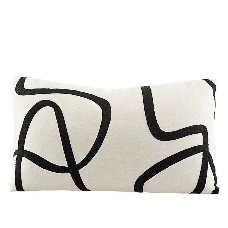 Geometric Abstraction Line Embroidered Pillowcase Black and White Cotton Canvas Cushion Cover Sofa Bedside Throw Pillowcover